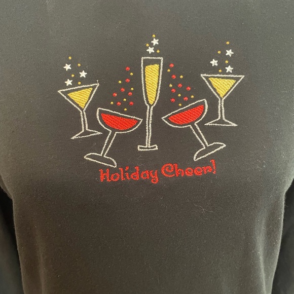 Christmas long sleeve T-shirt embroidered “Holiday Cheer” champagne glasses Med. - Picture 3 of 3